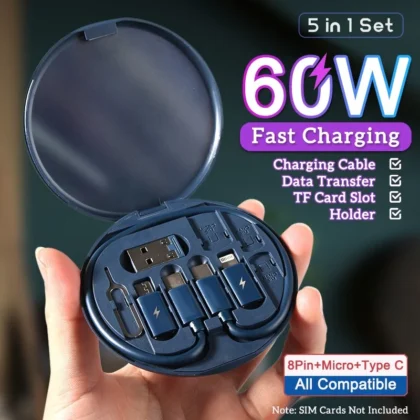 طقم شحن وكابل بيانات 60W متعدد الوظائف 8 في 1 - الكل في واحد! (USB, Type-C, Micro, iOS) - أساسي للسفر والتنقل🚀