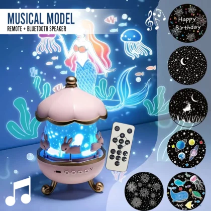 مصباح الأرانب الدوار 3 في 1: جهاز عرض نجوم، سبيكر بلوتوث، وإضاءة ليلية ساحرة